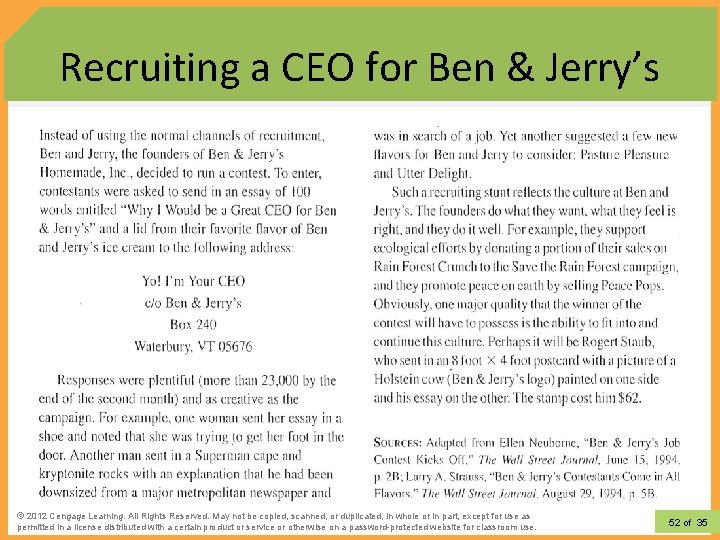 Recruiting a CEO for Ben & Jerry’s © 2012 Learning. All Rights Reserved. May