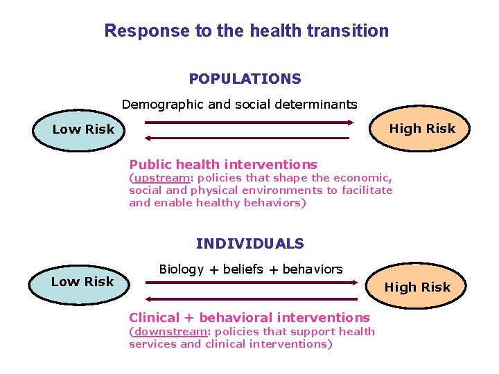 Response to the health transition POPULATIONS Demographic and social determinants High Risk Low Risk