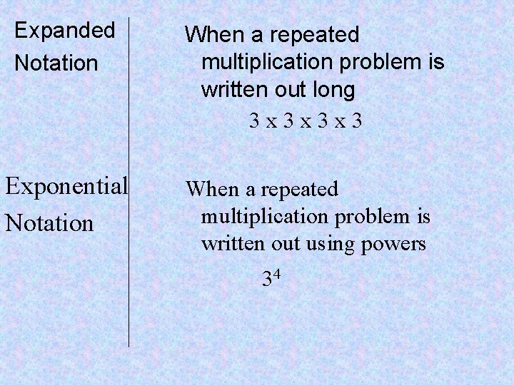 Expanded Notation When a repeated multiplication problem is written out long 3 x 3