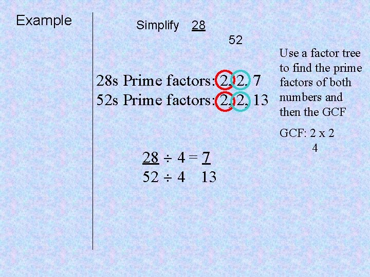 Example Simplify 28 52 28 s Prime factors: 2, 2, 7 52 s Prime