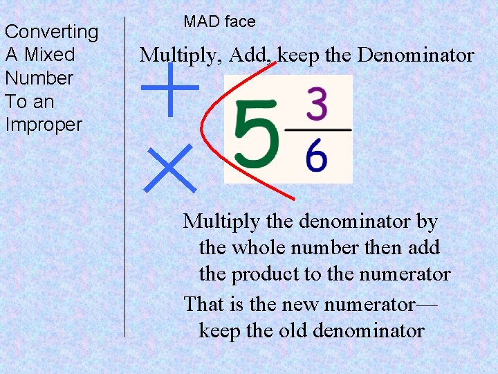 Converting A Mixed Number To an Improper MAD face Multiply, Add, keep the Denominator