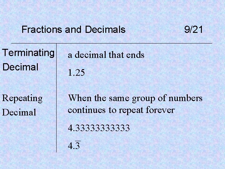 Fractions and Decimals 9/21 Terminating Decimal a decimal that ends Repeating Decimal When the