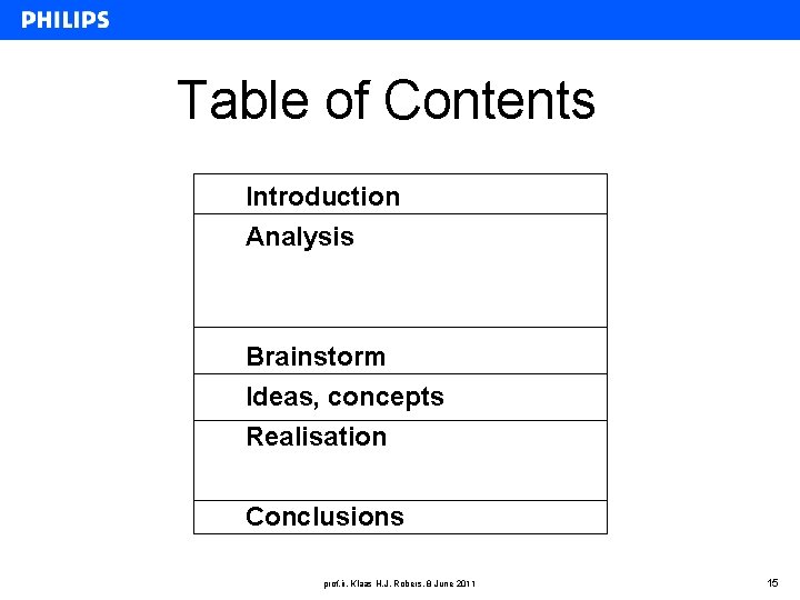 Table of Contents Introduction Analysis Brainstorm Ideas, concepts Realisation Conclusions prof. ir. Klaas H.