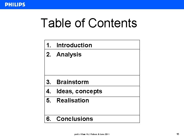 Table of Contents 1. Introduction 2. Analysis 3. Brainstorm 4. Ideas, concepts 5. Realisation