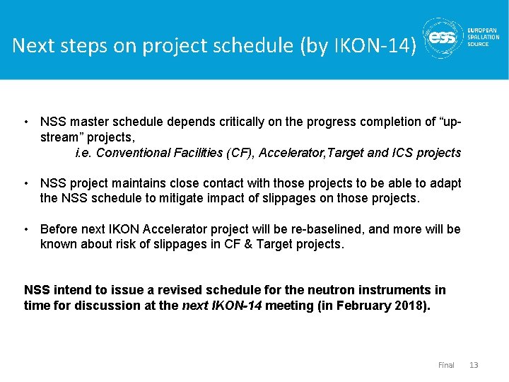 Next steps on project schedule (by IKON-14) • NSS master schedule depends critically on
