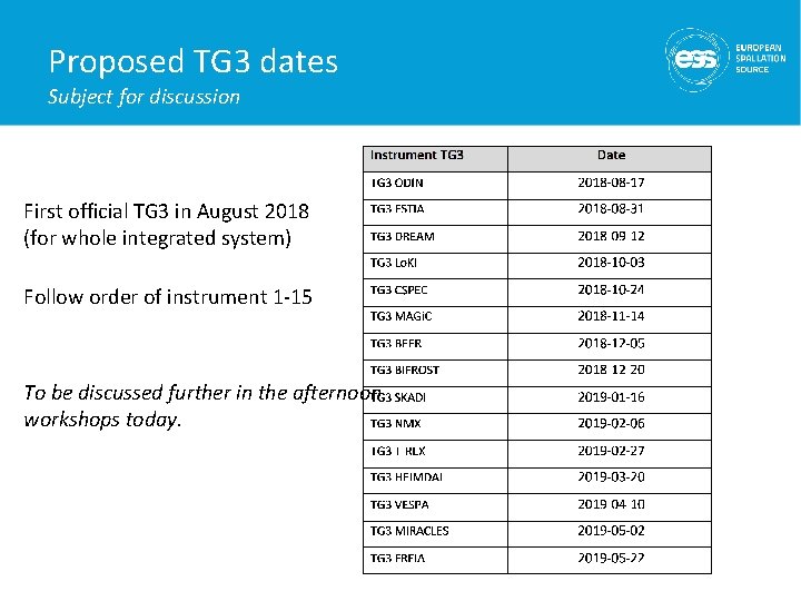 Proposed TG 3 dates Subject for discussion First official TG 3 in August 2018