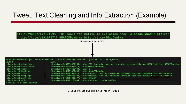Tweet: Text Cleaning and Info Extraction (Example) Raw tweet on HDFS Cleaned tweet and