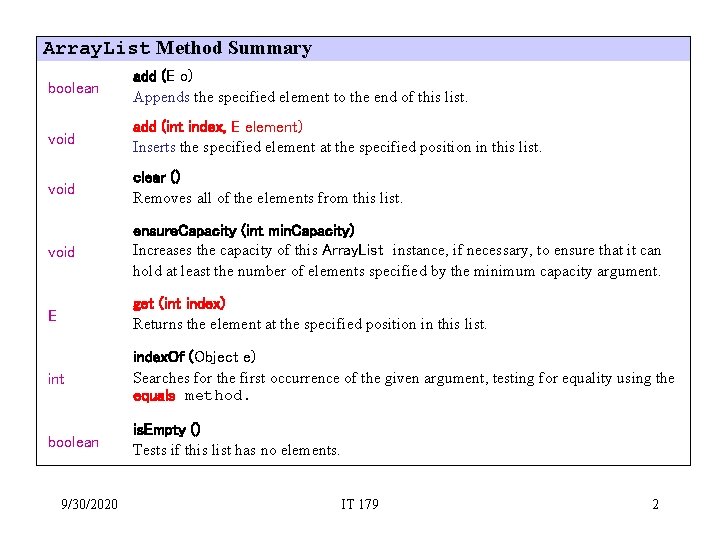 Array. List Method Summary boolean add (E o) Appends the specified element to the