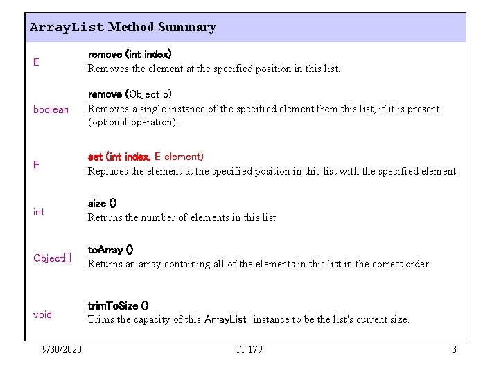 Array. List Method Summary E remove (int index) Removes the element at the specified