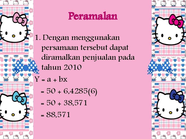 Peramalan 1. Dengan menggunakan persamaan tersebut dapat diramalkan penjualan pada tahun 2010 Y =
