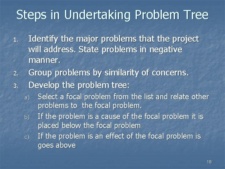 Steps in Undertaking Problem Tree 1. 2. 3. Identify the major problems that the