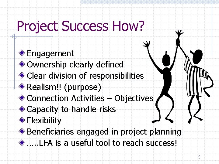 Project Success How? Engagement Ownership clearly defined Clear division of responsibilities Realism!! (purpose) Connection