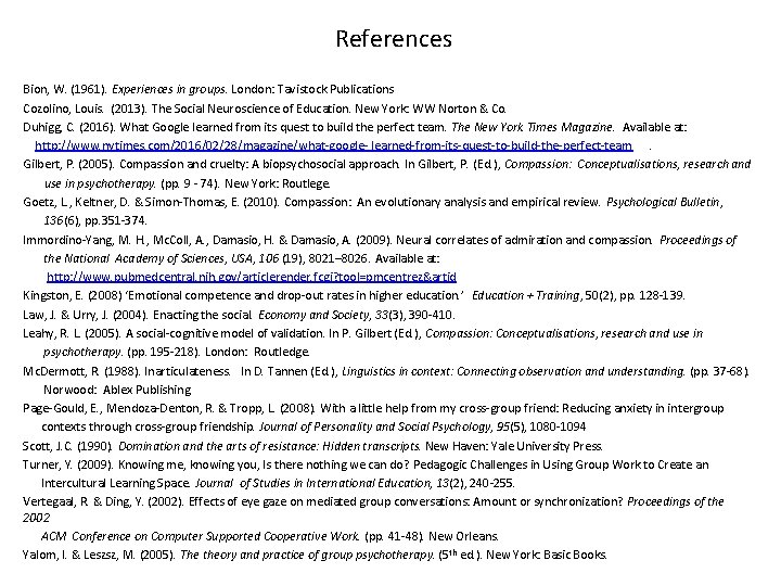 References Bion, W. (1961). Experiences in groups. London: Tavistock Publications Cozolino, Louis. (2013). The