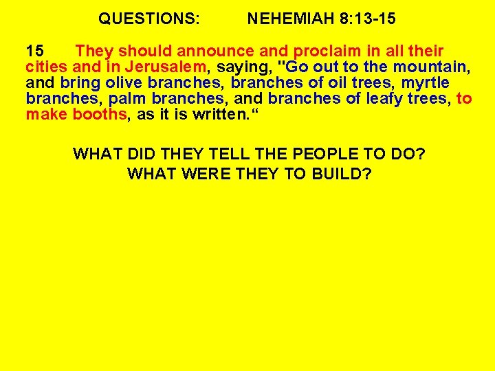 QUESTIONS: NEHEMIAH 8: 13 -15 15 They should announce and proclaim in all their