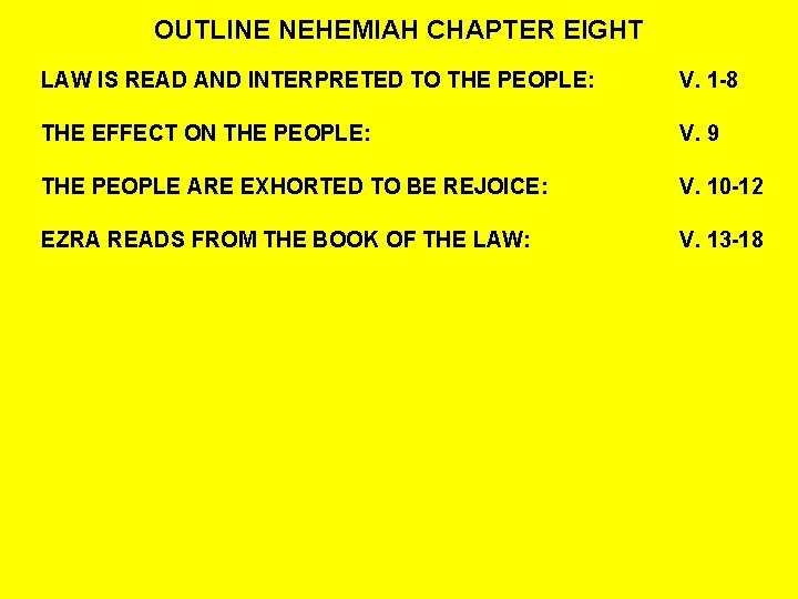 OUTLINE NEHEMIAH CHAPTER EIGHT LAW IS READ AND INTERPRETED TO THE PEOPLE: V. 1