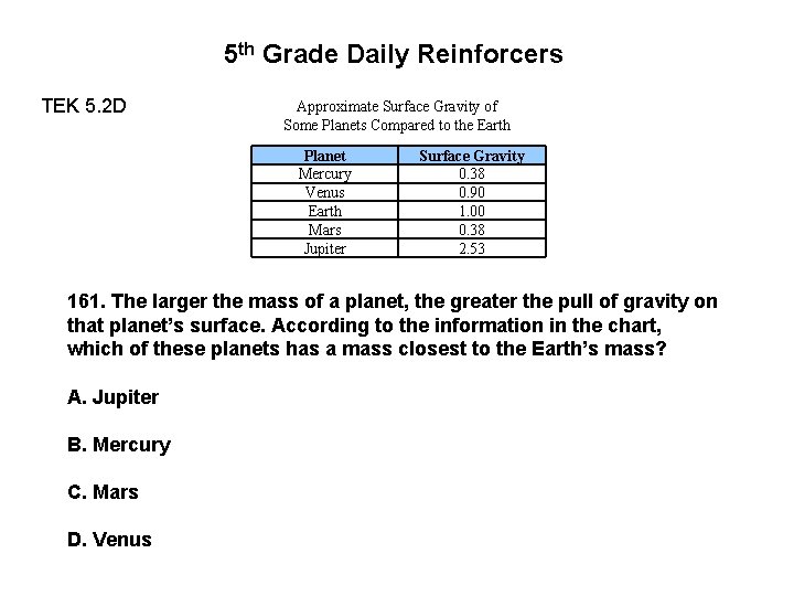 5 th Grade Daily Reinforcers TEK 5. 2 D Approximate Surface Gravity of Some