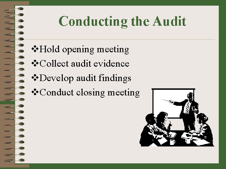 Conducting the Audit v. Hold opening meeting v. Collect audit evidence v. Develop audit