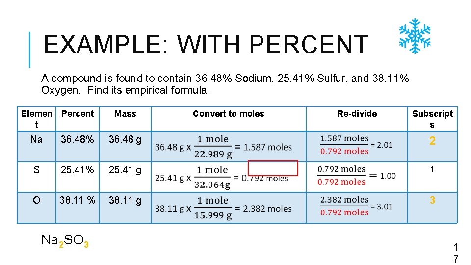 EXAMPLE: WITH PERCENT A compound is found to contain 36. 48% Sodium, 25. 41%