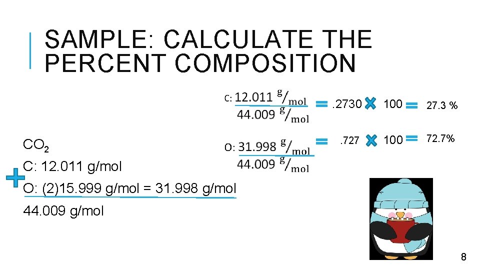 SAMPLE: CALCULATE THE PERCENT COMPOSITION CO 2 . 2730 100 27. 3 % .