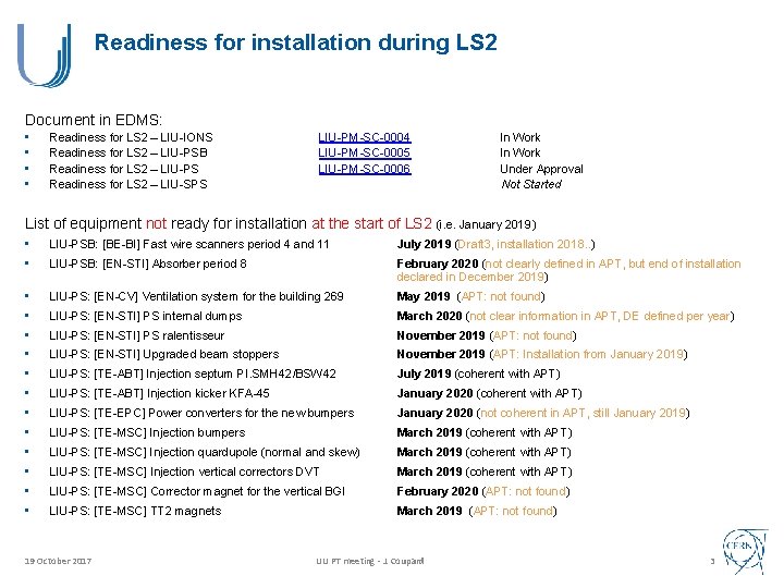 Readiness for installation during LS 2 Document in EDMS: • • Readiness for LS