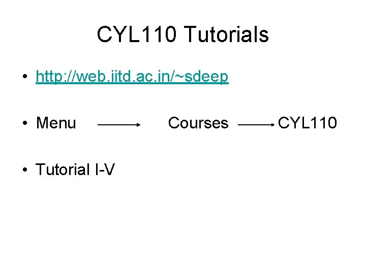 CYL 110 Tutorials • http: //web. iitd. ac. in/~sdeep • Menu • Tutorial I-V