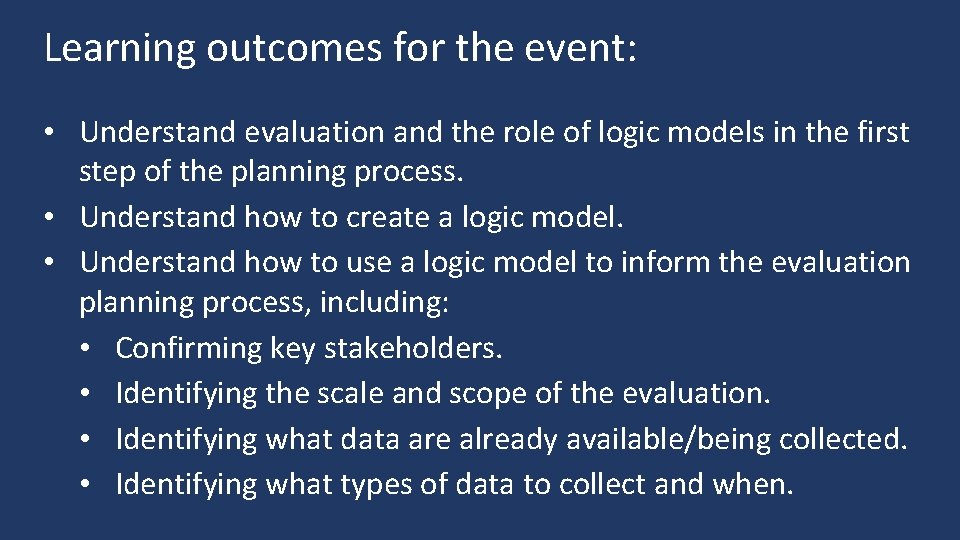 Planning for Evaluation An Introduction to Logic Models