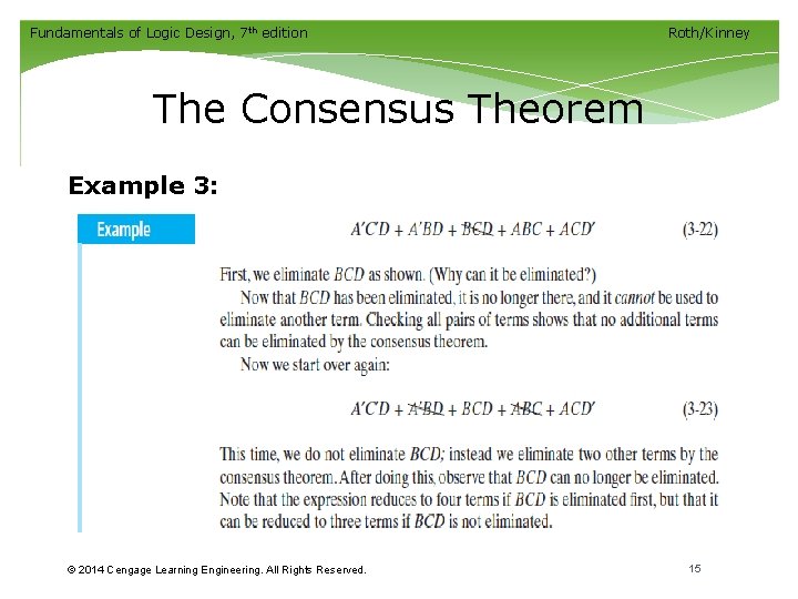 Fundamentals of Logic Design, 7 th edition Roth/Kinney The Consensus Theorem Example 3: © Fundamentals of Logic Design, 7 th edition Roth/Kinney The Consensus Theorem Example 3: ©