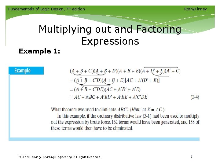 Fundamentals of Logic Design, 7 th edition Roth/Kinney Multiplying out and Factoring Expressions Example Fundamentals of Logic Design, 7 th edition Roth/Kinney Multiplying out and Factoring Expressions Example