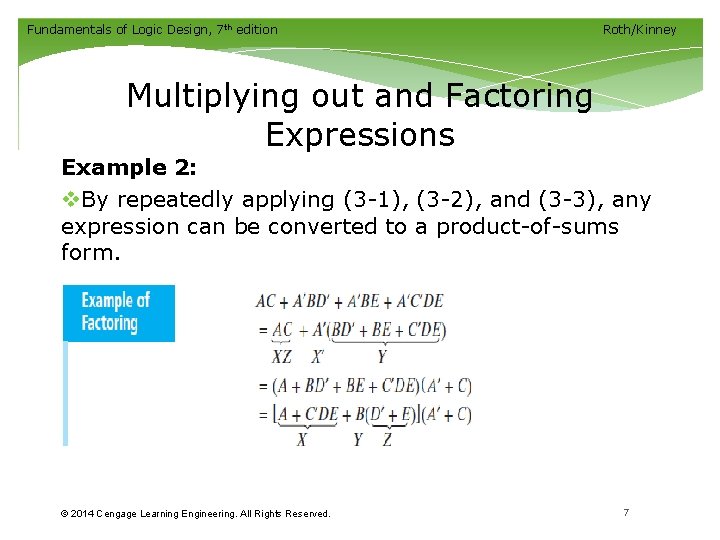 Fundamentals of Logic Design, 7 th edition Roth/Kinney Multiplying out and Factoring Expressions Example Fundamentals of Logic Design, 7 th edition Roth/Kinney Multiplying out and Factoring Expressions Example