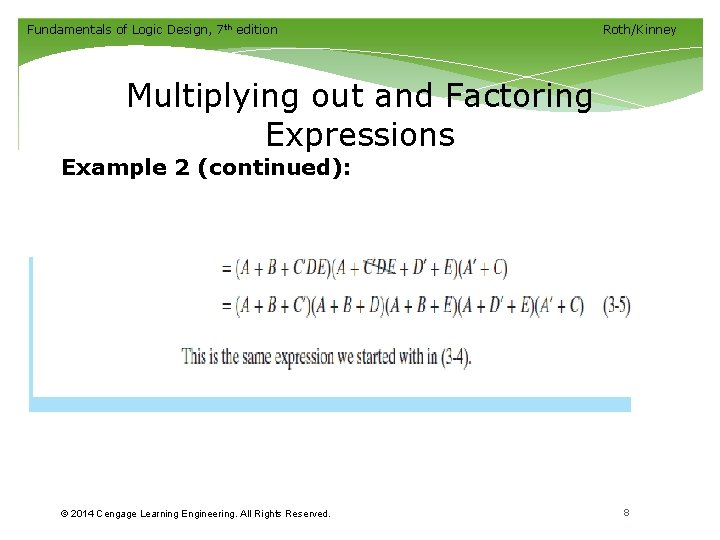 Fundamentals of Logic Design, 7 th edition Roth/Kinney Multiplying out and Factoring Expressions Example Fundamentals of Logic Design, 7 th edition Roth/Kinney Multiplying out and Factoring Expressions Example