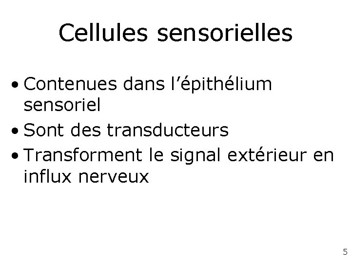 Cellules sensorielles • Contenues dans l’épithélium sensoriel • Sont des transducteurs • Transforment le