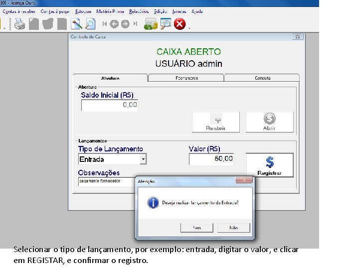 Selecionar o tipo de lançamento, por exemplo: entrada, digitar o valor, e clicar em