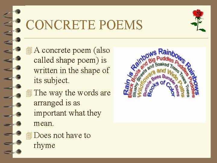 CONCRETE POEMS 4 A concrete poem (also called shape poem) is written in the