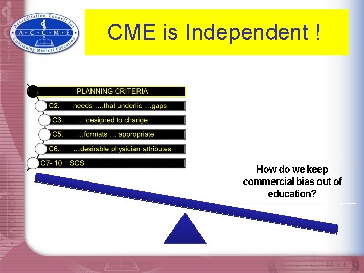  CME is Independent ! How do we keep commercial bias out of education?