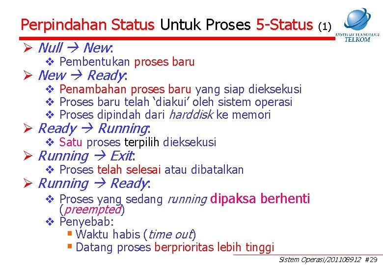 Perpindahan Status Untuk Proses 5 -Status (1) Ø Null New: v Pembentukan proses baru Perpindahan Status Untuk Proses 5 -Status (1) Ø Null New: v Pembentukan proses baru