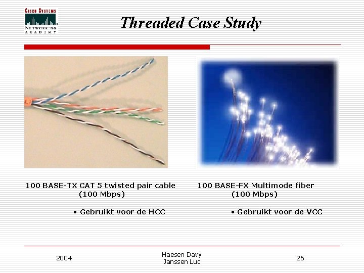 Threaded Case Study 100 BASE-TX CAT 5 twisted pair cable (100 Mbps) 100 BASE-FX Threaded Case Study 100 BASE-TX CAT 5 twisted pair cable (100 Mbps) 100 BASE-FX