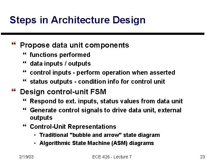 Steps in Architecture Design } Propose data unit components } } functions performed data Steps in Architecture Design } Propose data unit components } } functions performed data
