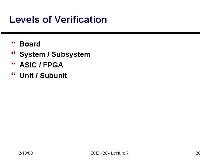 Levels of Verification } } Board System / Subsystem ASIC / FPGA Unit / Levels of Verification } } Board System / Subsystem ASIC / FPGA Unit /
