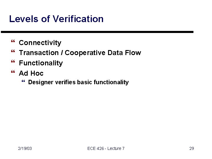 Levels of Verification } } Connectivity Transaction / Cooperative Data Flow Functionality Ad Hoc Levels of Verification } } Connectivity Transaction / Cooperative Data Flow Functionality Ad Hoc