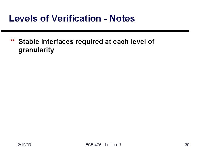 Levels of Verification - Notes } Stable interfaces required at each level of granularity Levels of Verification - Notes } Stable interfaces required at each level of granularity