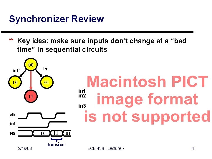 Synchronizer Review } Key idea: make sure inputs don’t change at a “bad time” Synchronizer Review } Key idea: make sure inputs don’t change at a “bad time”