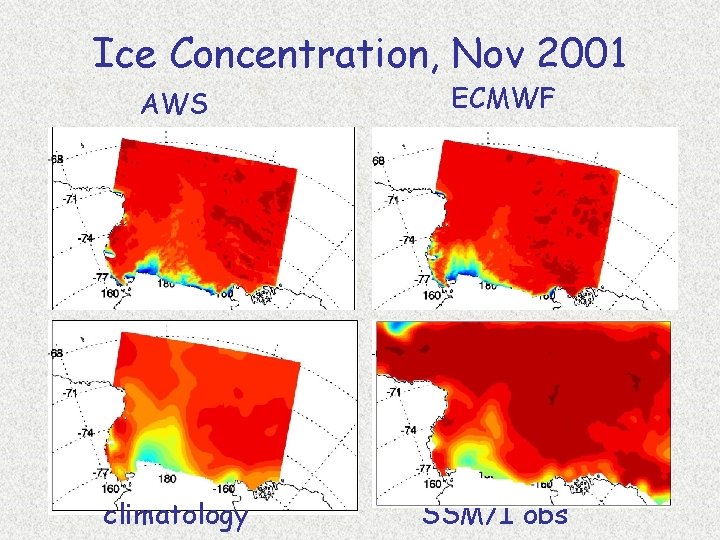 Ice Concentration, Nov 2001 AWS climatology ECMWF SSM/I obs 