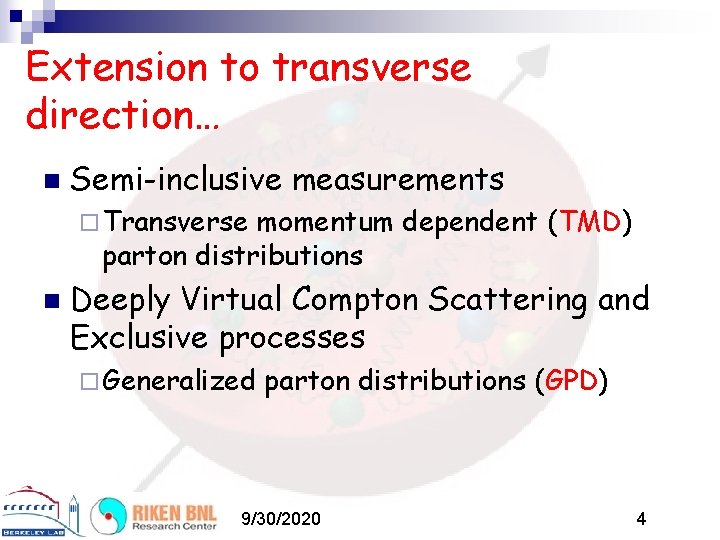 Extension to transverse direction… n Semi-inclusive measurements ¨ Transverse momentum dependent (TMD) parton distributions