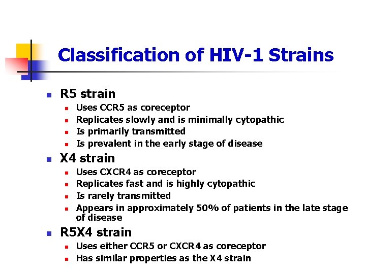 Classification of HIV-1 Strains n R 5 strain n n X 4 strain n