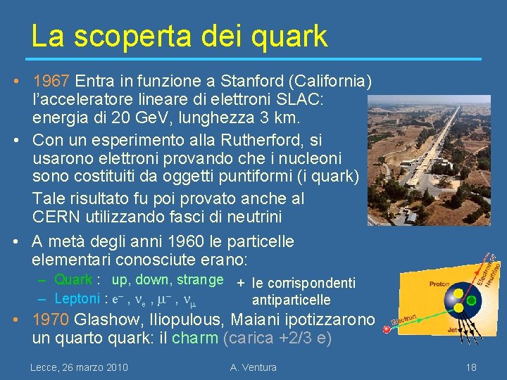 La scoperta dei quark • 1967 Entra in funzione a Stanford (California) l’acceleratore lineare