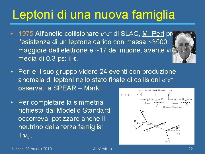 Leptoni di una nuova famiglia • 1975 All’anello collisionare e+e– di SLAC, M. Perl