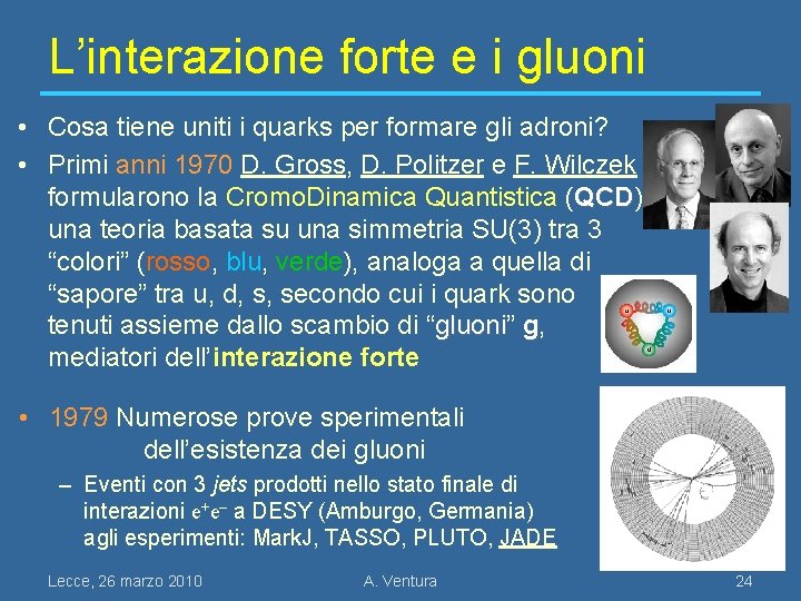 L’interazione forte e i gluoni • Cosa tiene uniti i quarks per formare gli