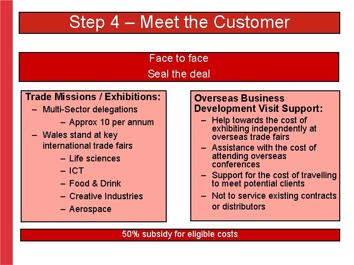 Step 4 – Meet the Customer Face to face Seal the deal Trade Missions
