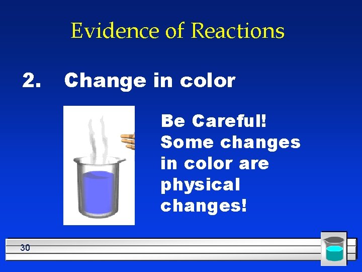 Evidence of Reactions 2. Change in color Be Careful! Some changes in color are