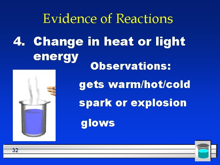 Evidence of Reactions 4. Change in heat or light energy Observations: gets warm/hot/cold spark